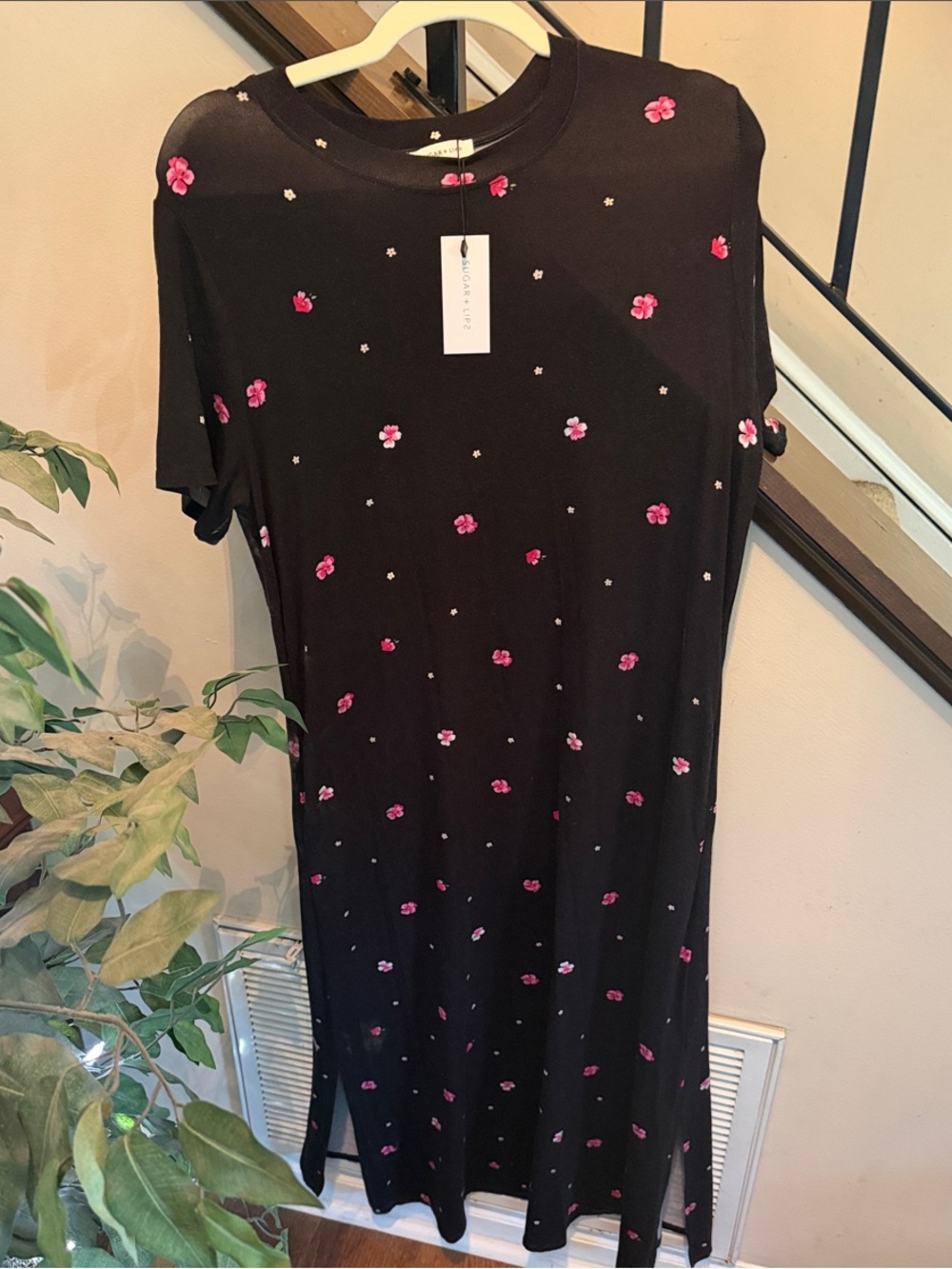 Sugarlips Black Midi Dress with Pink Floral Dot Print